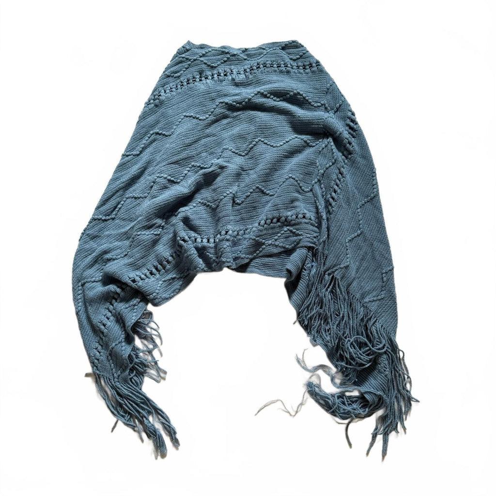 thriftalina Blue Boho Knit Poncho Cape Shawl Fringe Textured Crochet Whimsical One Size