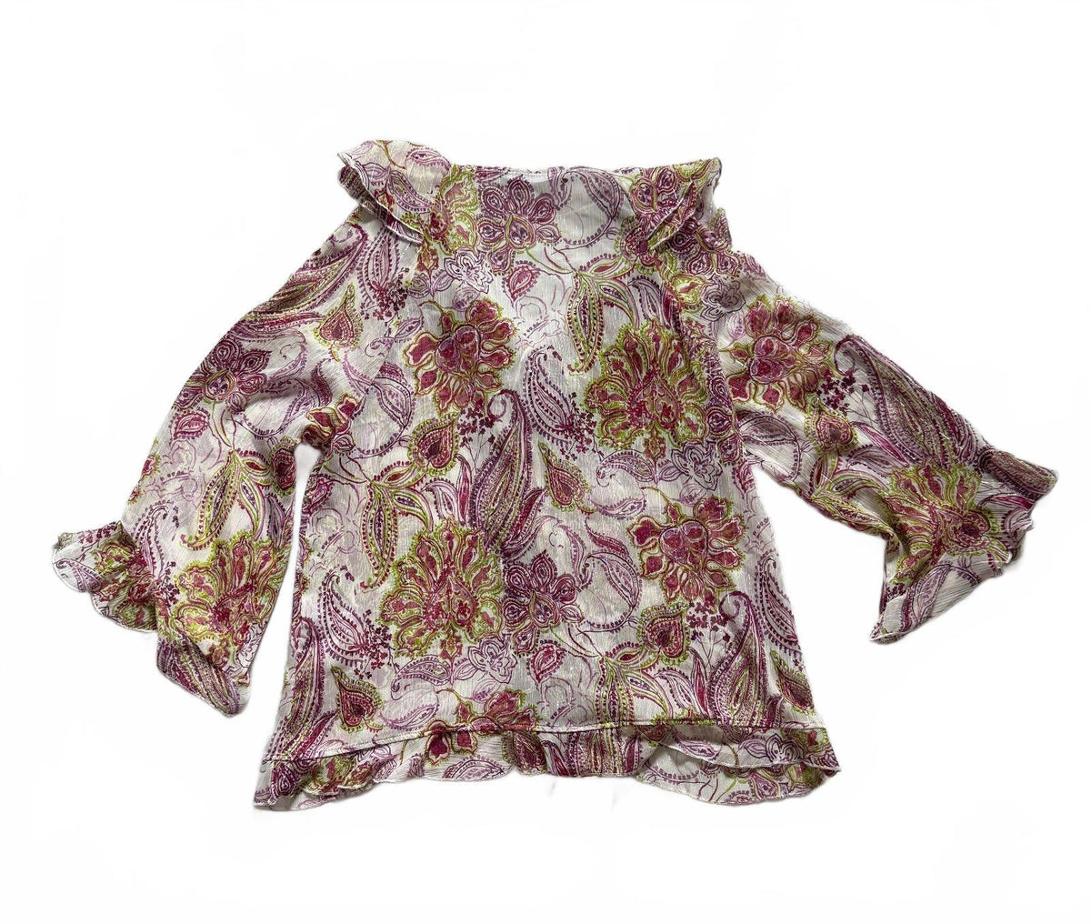 thriftalina Zara Stockholm Style Viral Paisley Floral Ruffle Blouse Tie Neck Bell Sleeves