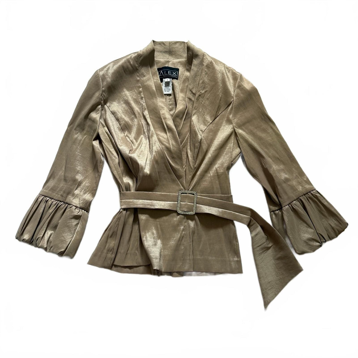 thriftalina Alex Evenings Women's Metallic Gold Belted Peplum Blouse Size Small Rhinestone