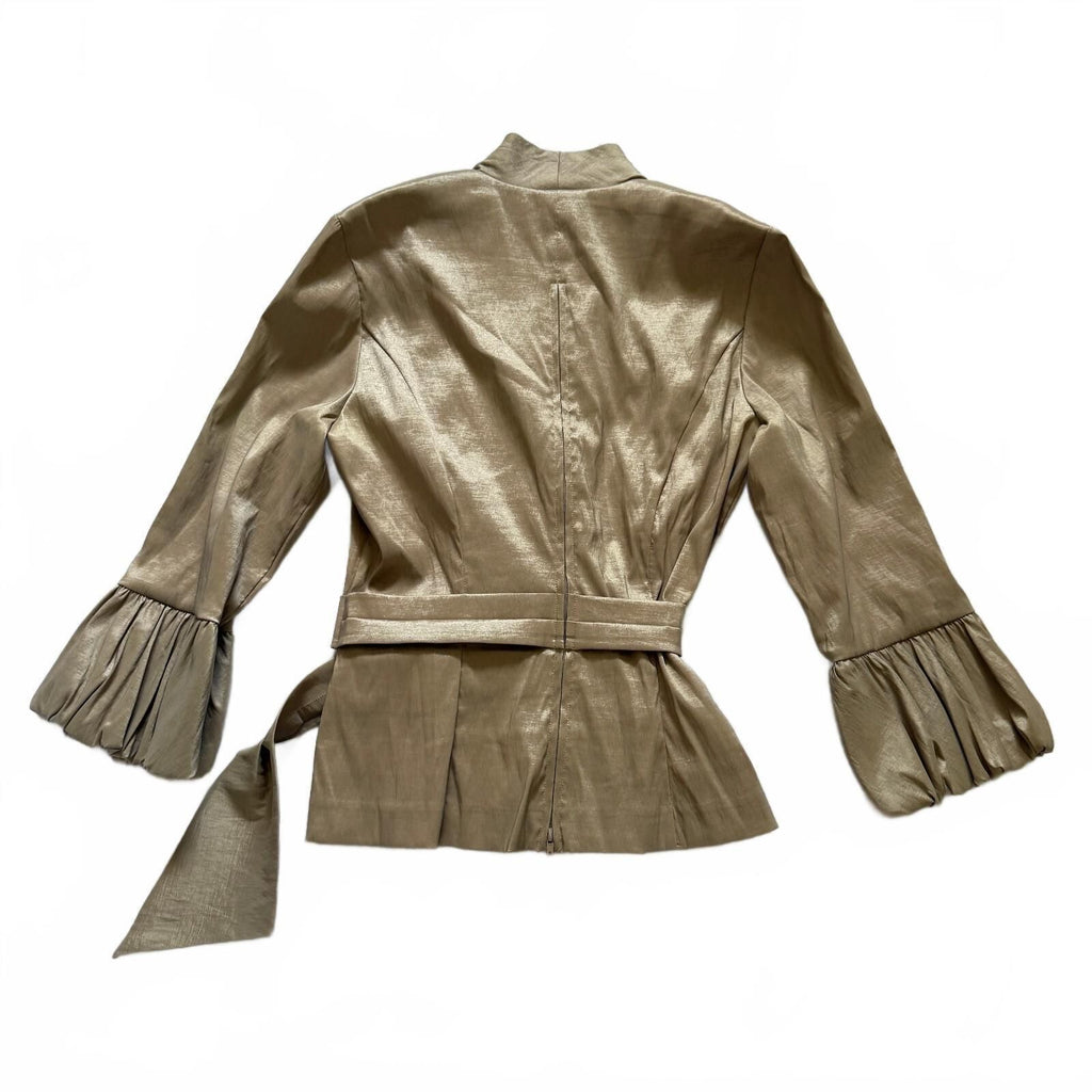 thriftalina Alex Evenings Women's Metallic Gold Belted Peplum Blouse Size Small Rhinestone