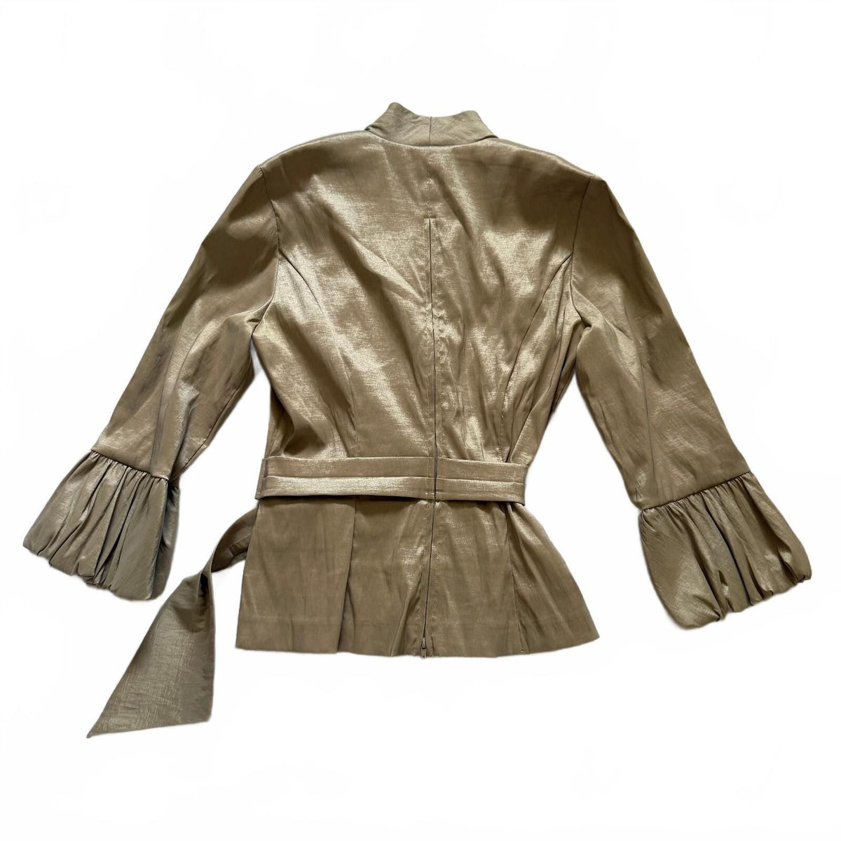 thriftalina Alex Evenings Women's Metallic Gold Belted Peplum Blouse Size Small Rhinestone