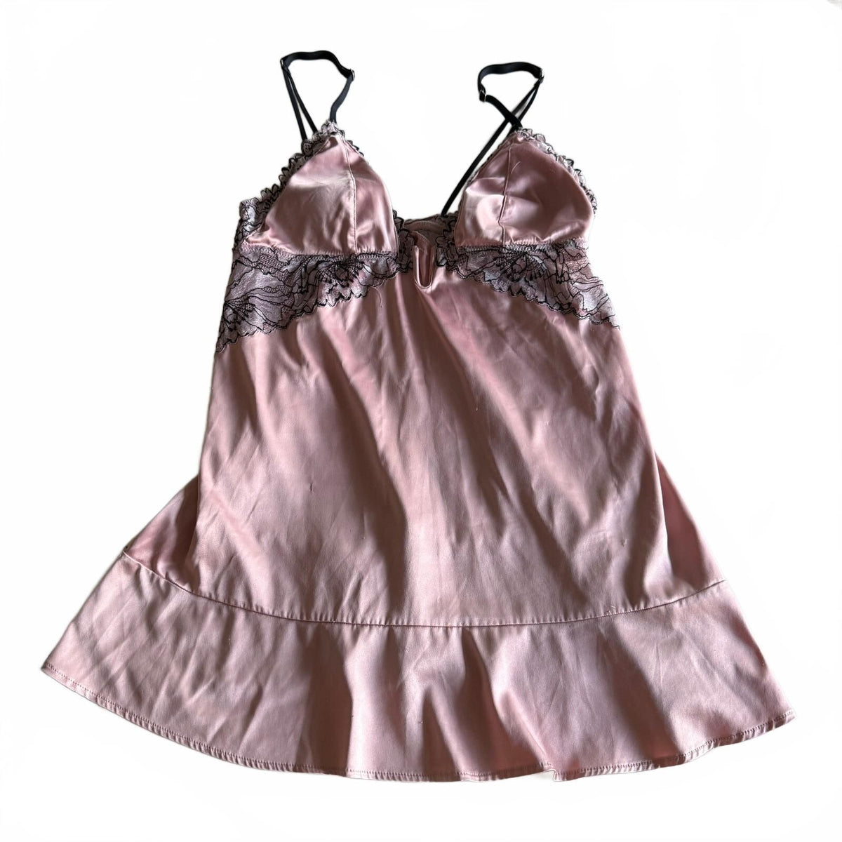 Auden Pink Babydoll Satin Lace Chemise Mini Slip Dress Black Lace Coquette Sz M