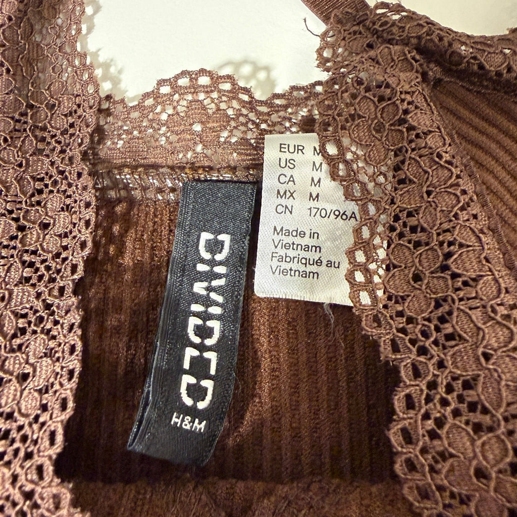 H&M Divided Lace Trim Brown Mini Dress Coquette Girly Feminine Ribbed Bodycon