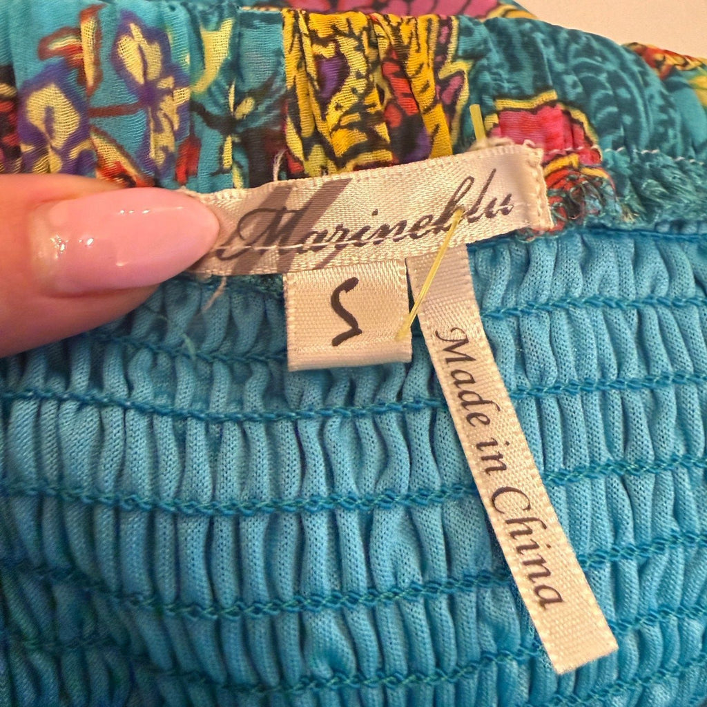 Marineblu Turquoise Paisley High/Low Strapless Dress Boho Smocked Floral Sz S