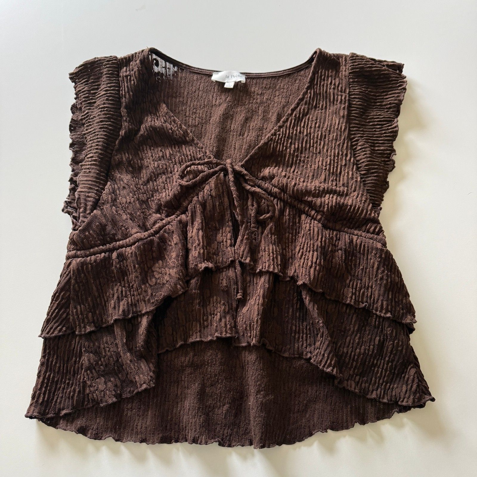 La Peche Brown Textured Ruffle Top, Size Large, Tie-Front V-Neck