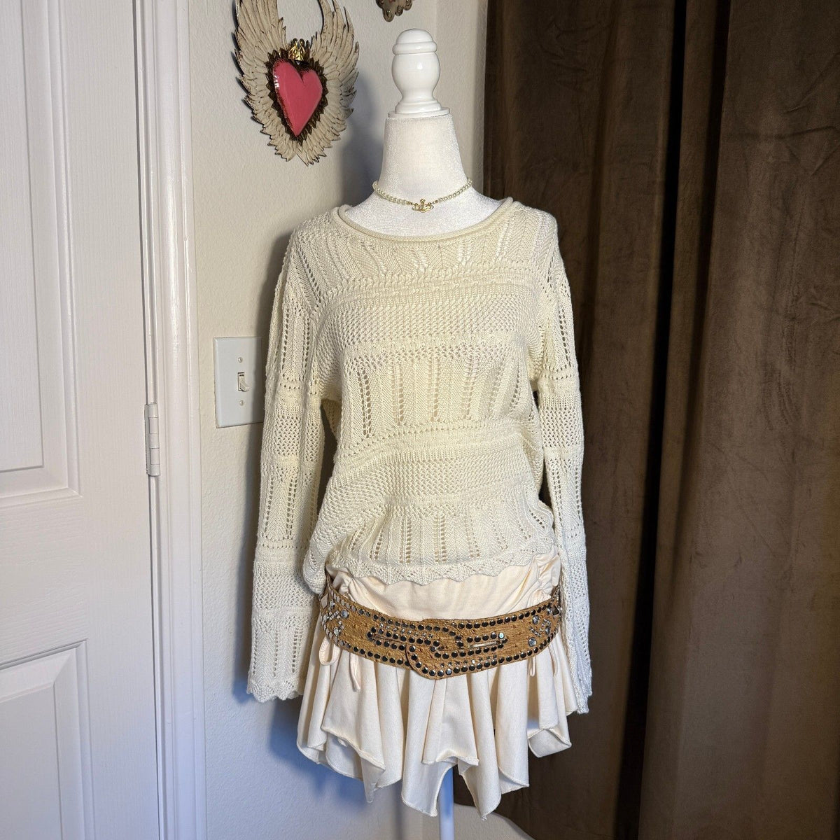 Jessica Simpson Ivory Crochet Knit Sweater Scalloped Hem Boho Cottagecore M