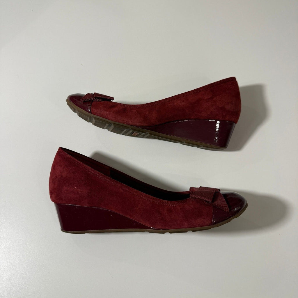 Cole Haan Burgundy Suede Wedge Heels with Bow Accent and Patent Toe Cap