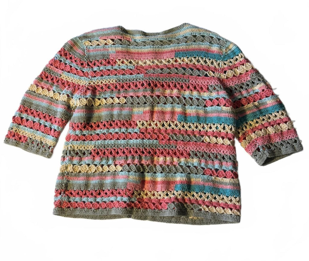 Vintage Napa Valley Pastel Fisherman Cozy Fall Striped Crochet Cardigan Boho M