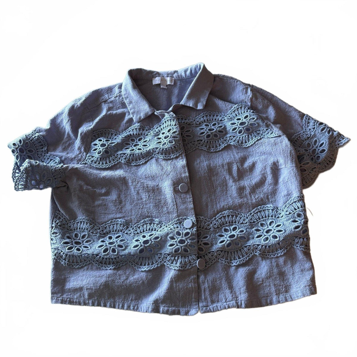 Velvet Fleur Sz XL Periwinkle Crochet Lace Trim Collared Blouse Cottagecore
