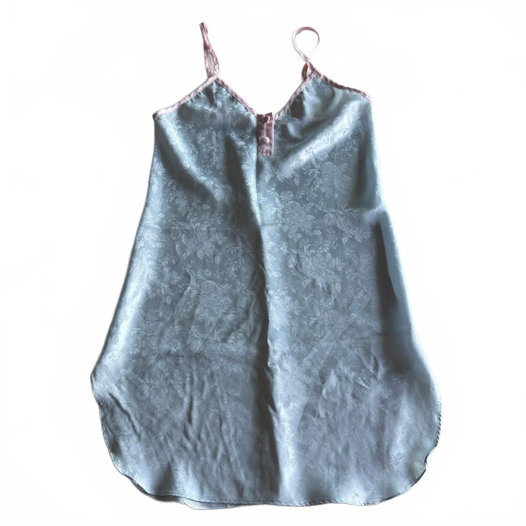 Coquette Girly Light Blue Satin Floral Slip Dress with Pink Trim and Buttons