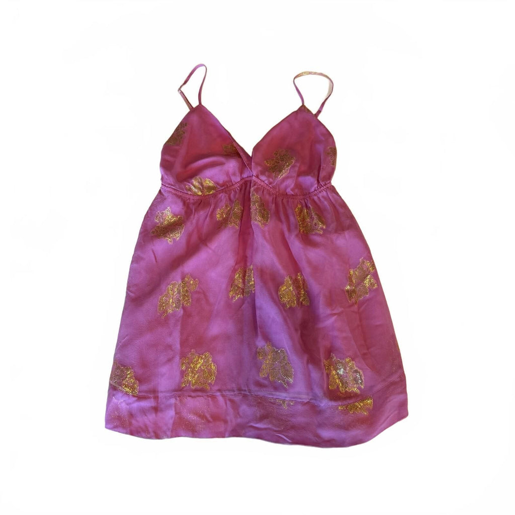 Yumi Kim Silk Babydoll Mini Dress Pink Gold Metallic Mermaid Fairycore Boho Y2K