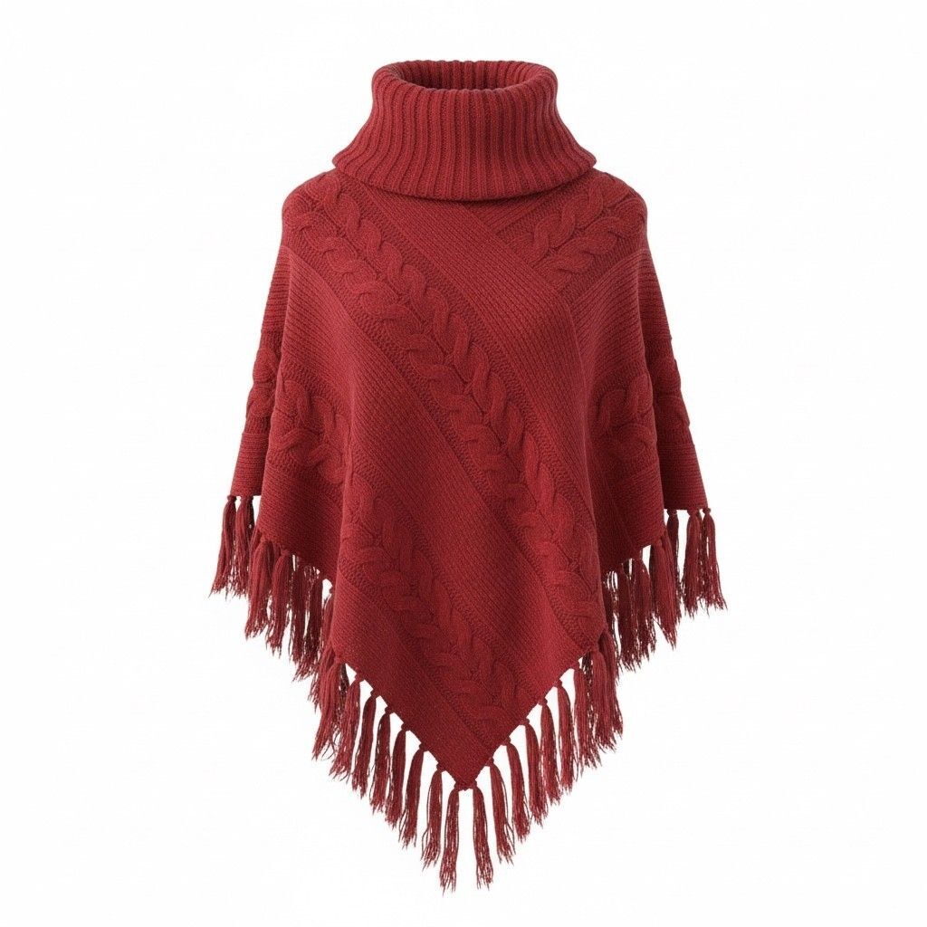 thriftalina Intro Casual Elegance Red Cable Knit Turtleneck Fringe Poncho Practical Magic