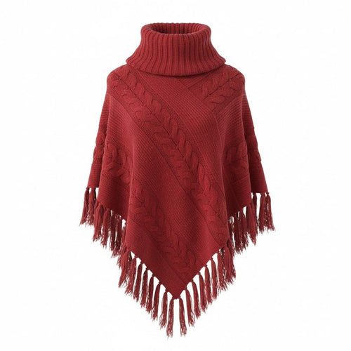 thriftalina Intro Casual Elegance Red Cable Knit Turtleneck Fringe Poncho Practical Magic