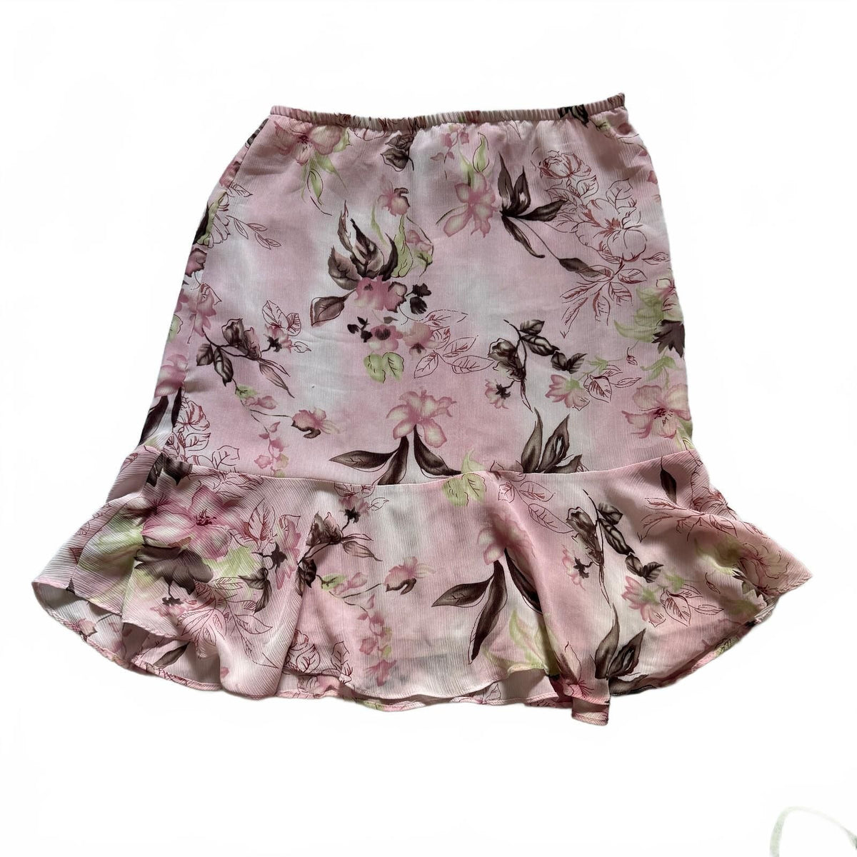 thriftalina Notations Women's Floral Print Pink Coquette Girly Ruffle Hem Skirt Size L
