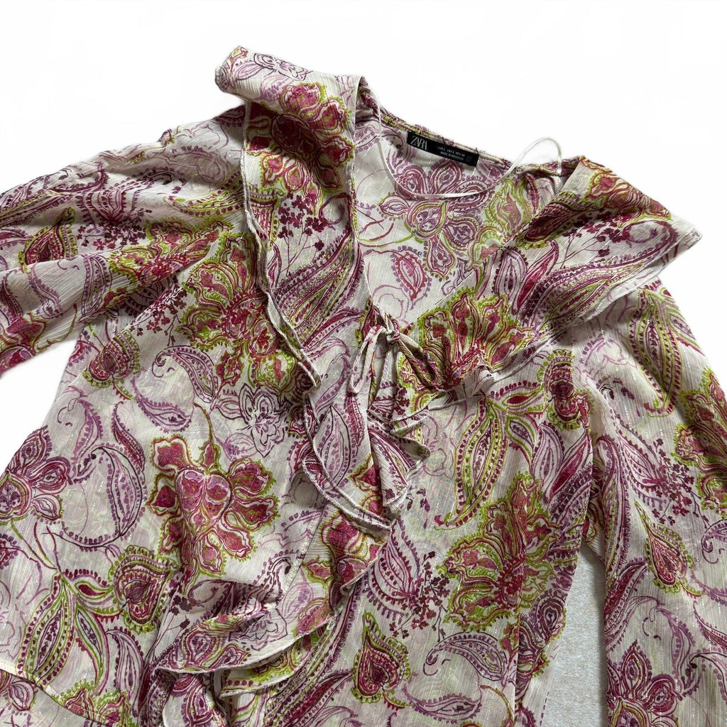 thriftalina Zara Stockholm Style Viral Paisley Floral Ruffle Blouse Tie Neck Bell Sleeves