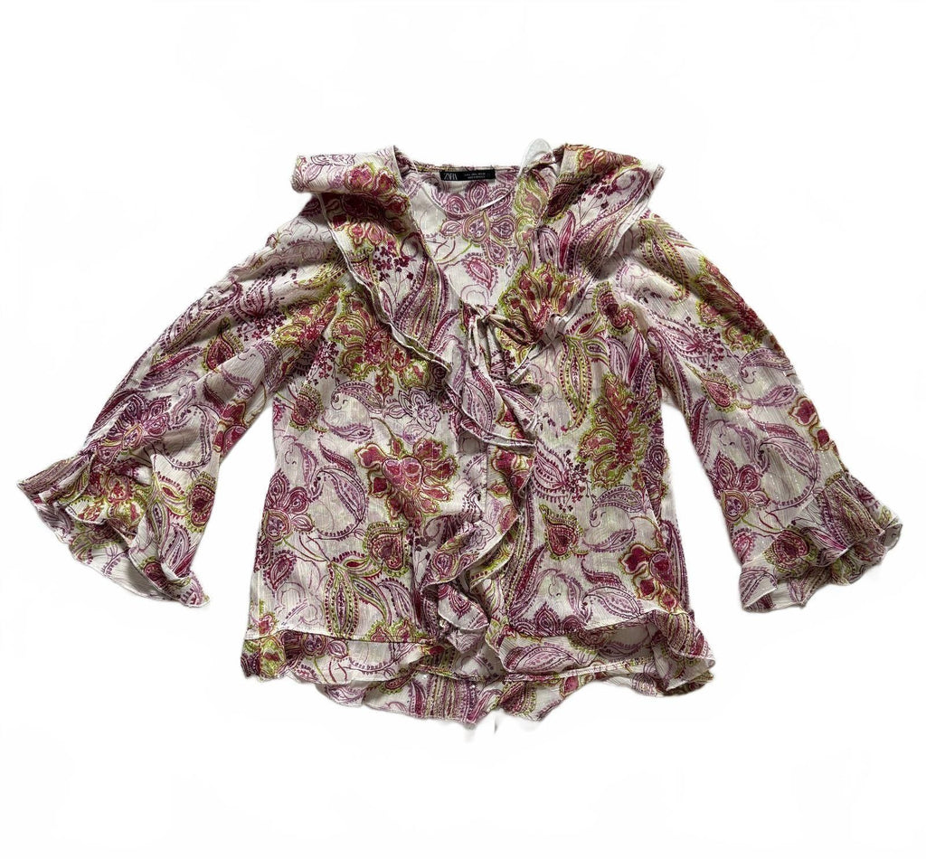 thriftalina Zara Stockholm Style Viral Paisley Floral Ruffle Blouse Tie Neck Bell Sleeves