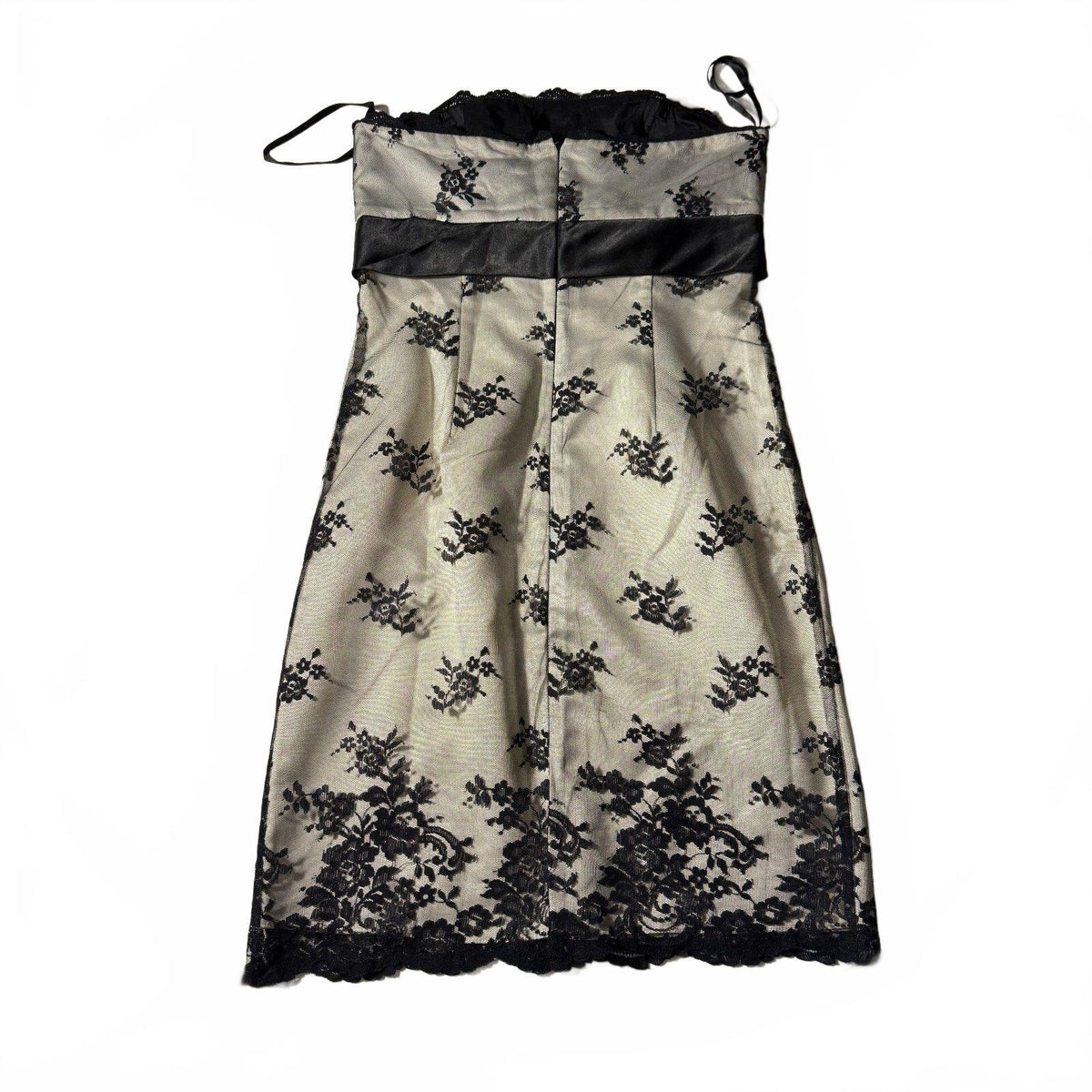 White House Black Market Black Lace Overlay Strapless Dress Bow Detail Sz 6