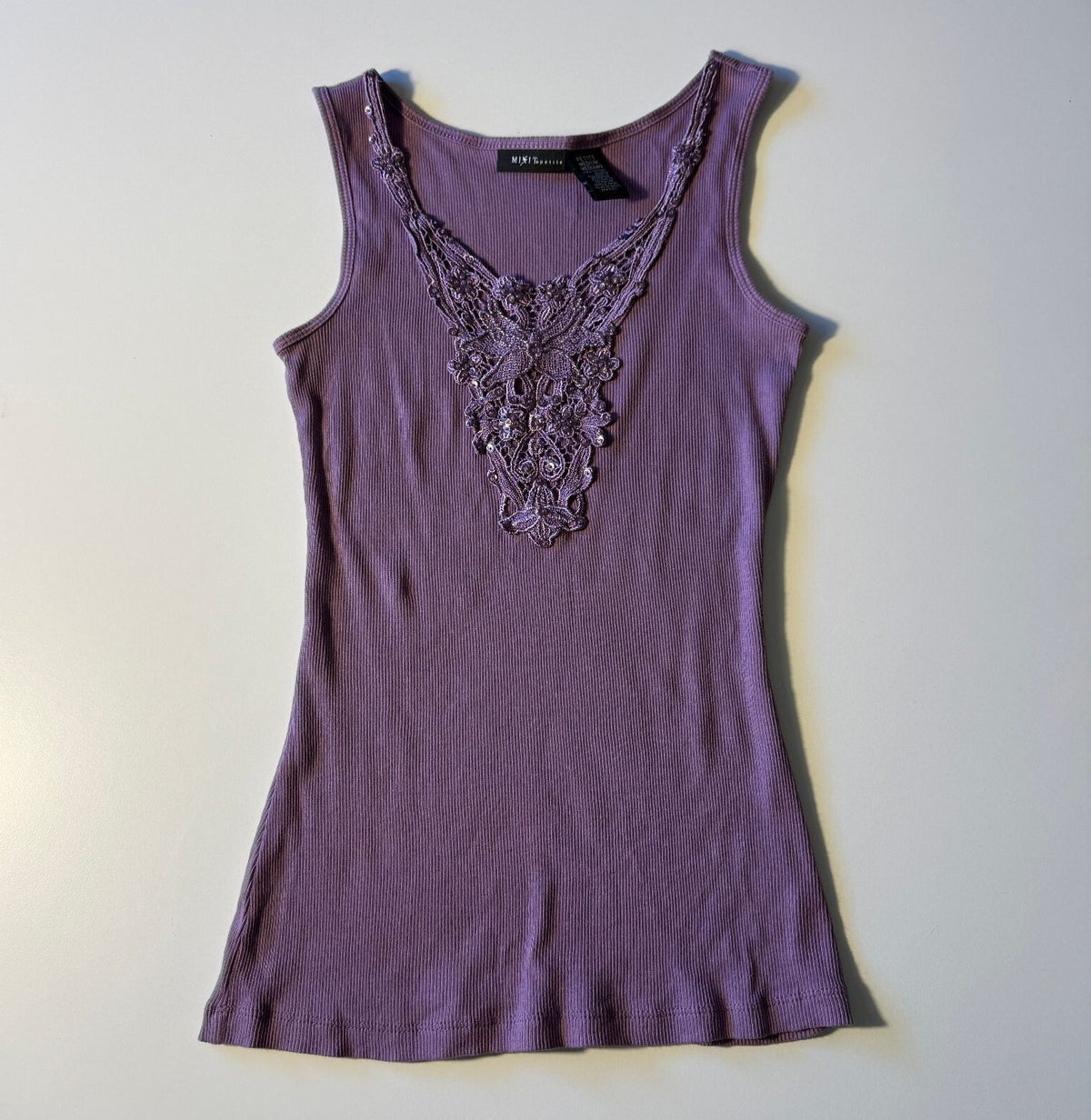 Mixit Petite Purple Ribbed Tank Top Crochet Lace Applique Sequins Y2K Boho Sz M