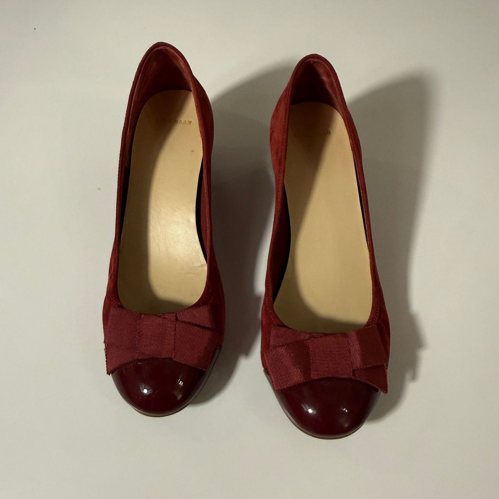 Cole Haan Burgundy Suede Wedge Heels with Bow Accent and Patent Toe Cap
