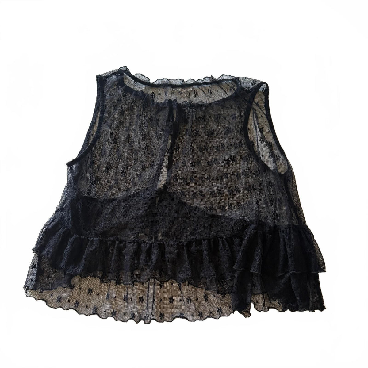 Originality Women's Lace Tie-Front Sleeveless Ruffle Top Black Coquette Layering