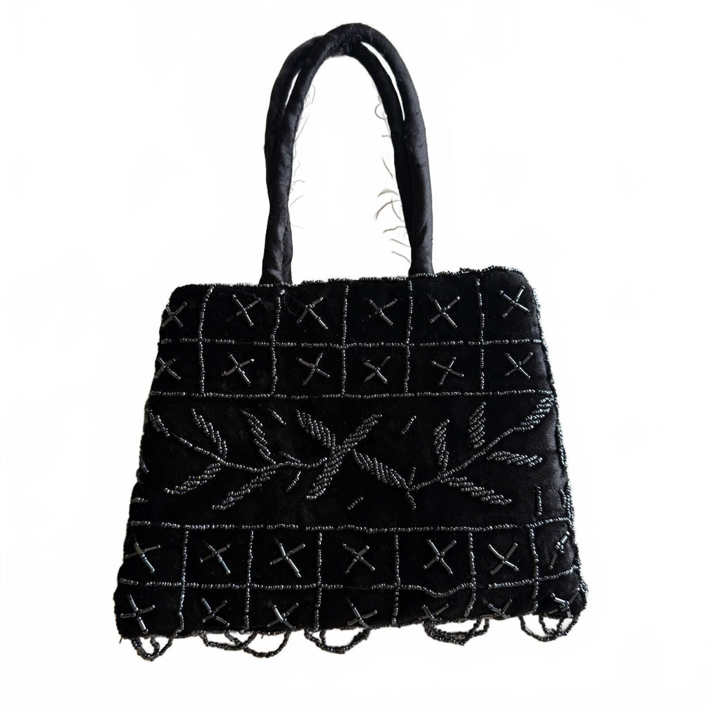 Vintage Mustafa Singapore Black Beaded Mini Handbag Zip Top Evening Bag Y2K