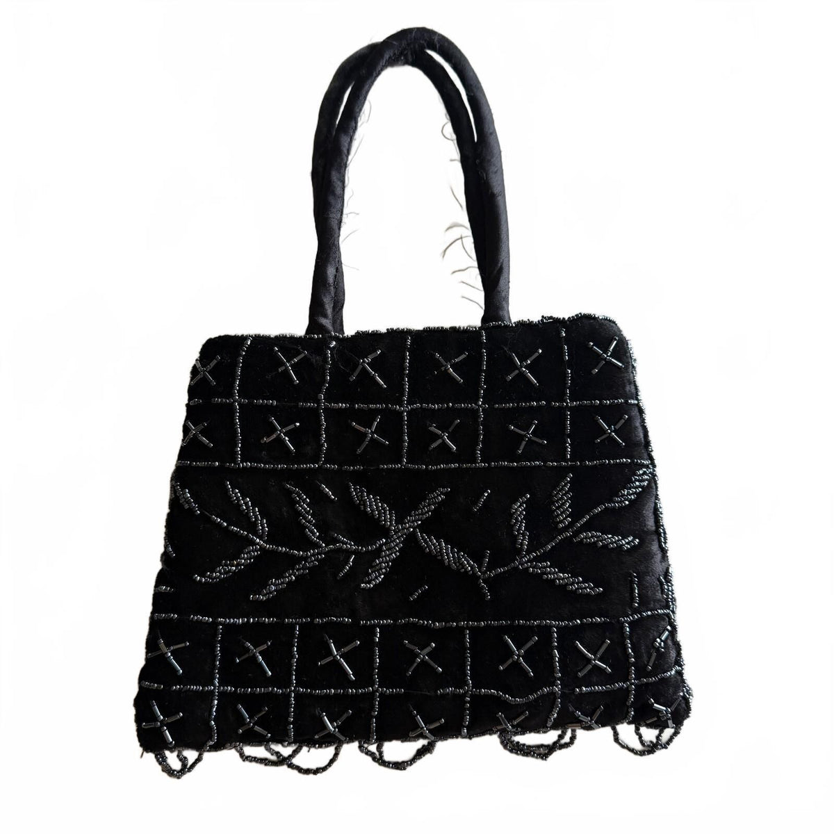Vintage Mustafa Singapore Black Beaded Mini Handbag Zip Top Evening Bag Y2K