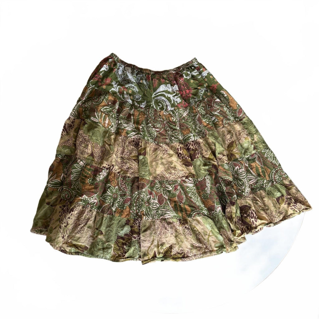 Vintage Notations Patchwork Tiered Cotton Boho Midi Skirt Green Paisley Medium