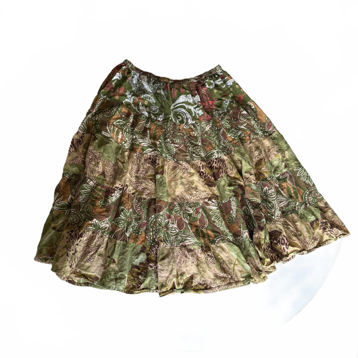 Vintage Notations Patchwork Tiered Cotton Boho Midi Skirt Green Paisley Medium