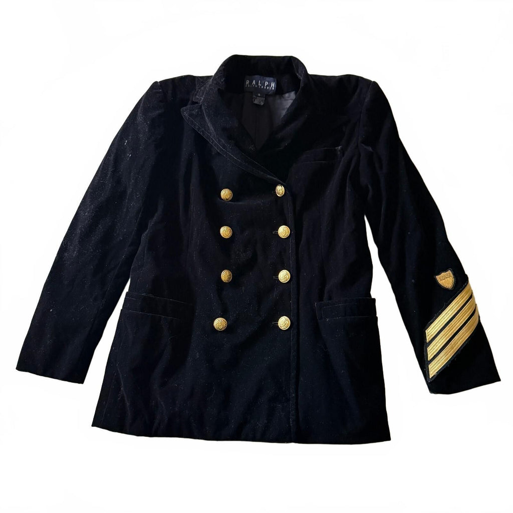 Vintage Ralph Lauren Black Velvet Double Breasted Blazer Soldier Gold Buttons