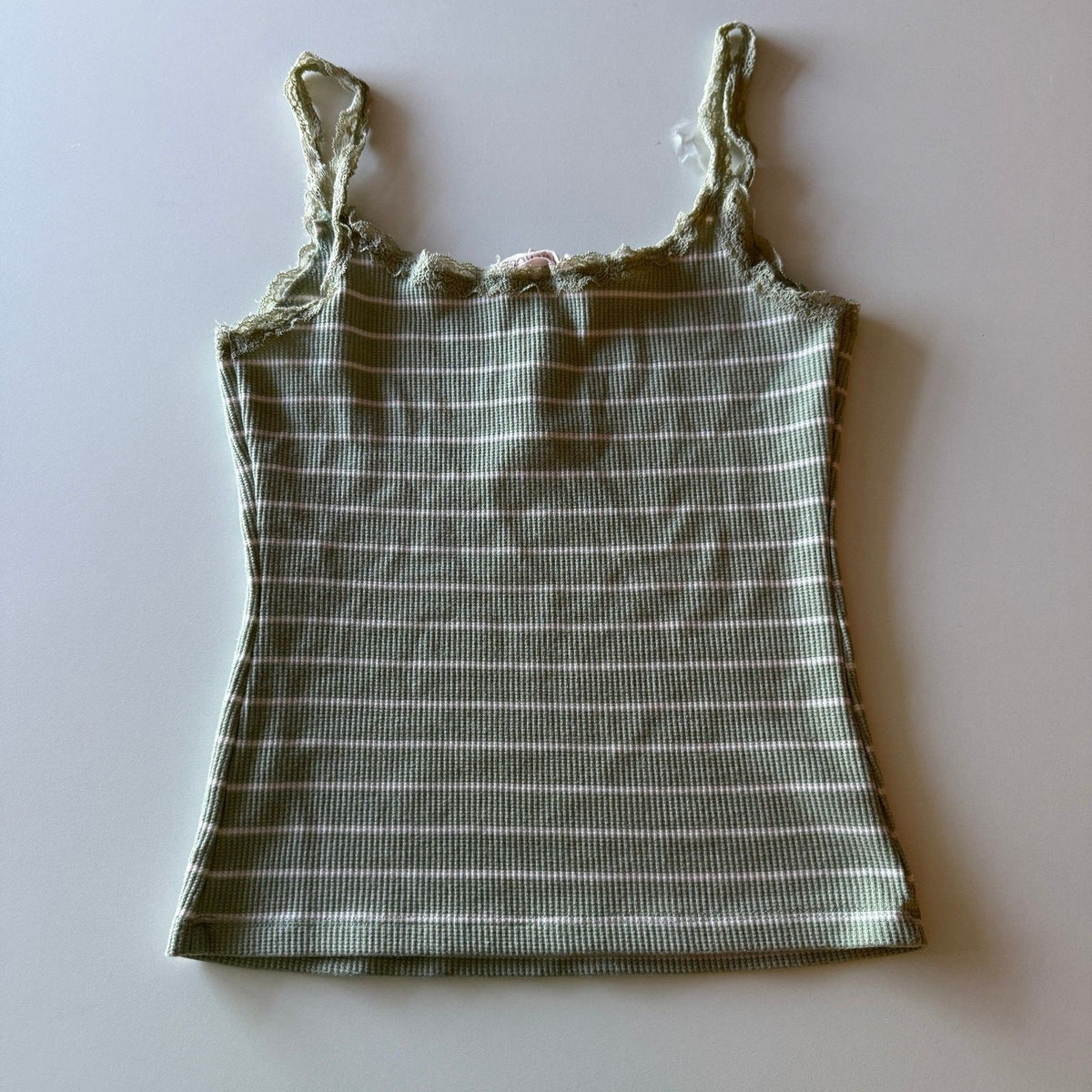Bella Swan Sage Green Striped Ribbed Knit Henley Style Cami Cottagecore Lace