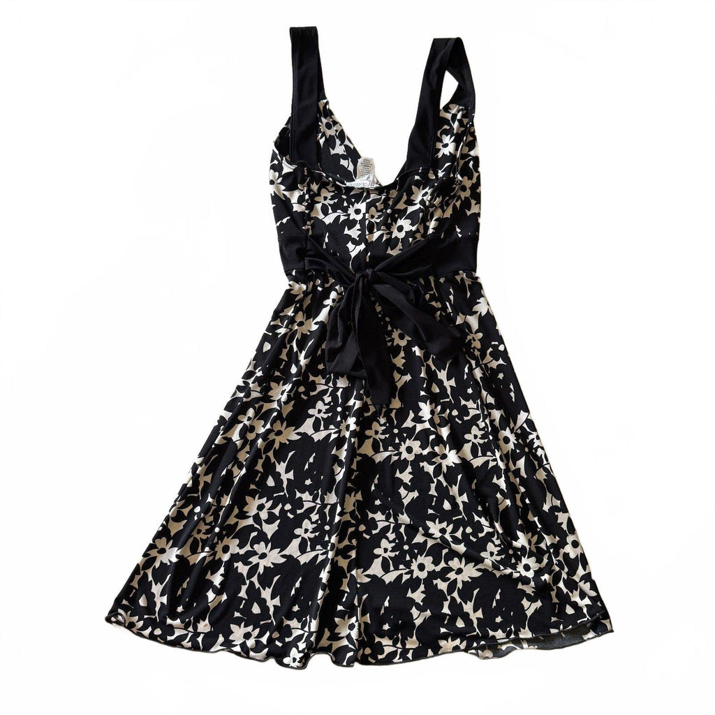 Y2K Body Central Black and White Floral Sleeveless V-Neck Dress with Waist Tie