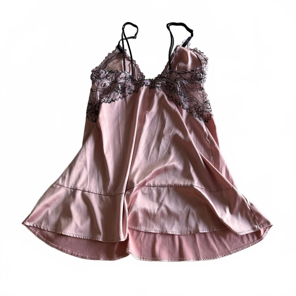 Auden Pink Babydoll Satin Lace Chemise Mini Slip Dress Black Lace Coquette Sz M