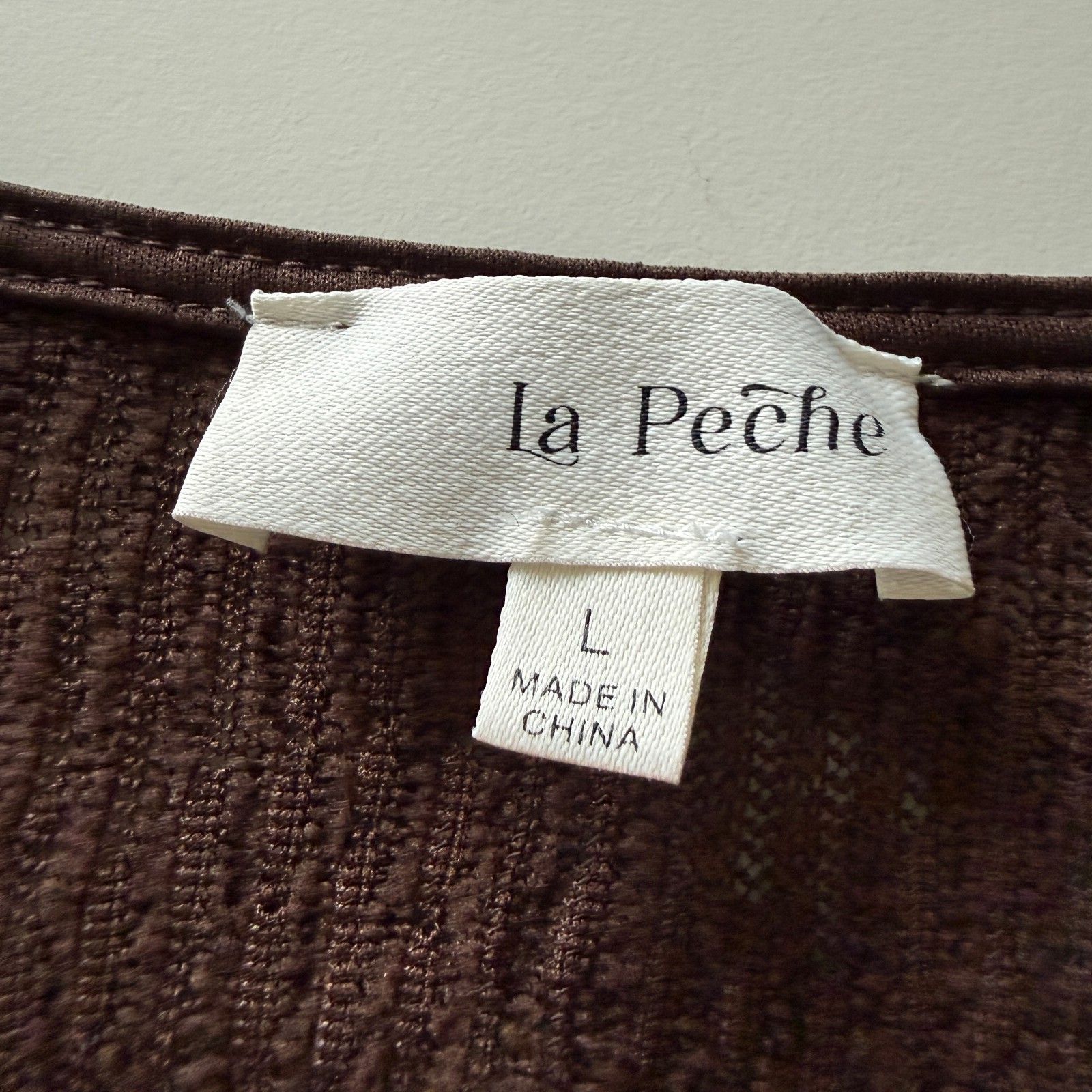 La Peche Brown Textured Ruffle Top, Size Large, Tie-Front V-Neck