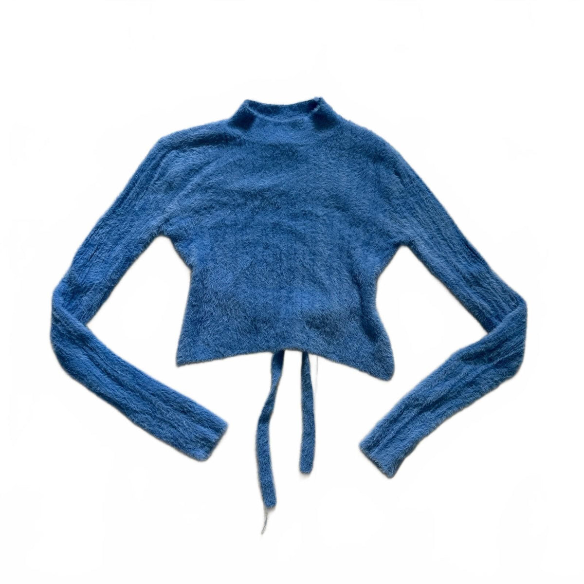 thriftalina iets Frans Mohair Cropped Sweater Tie Back Mock Neck Blue