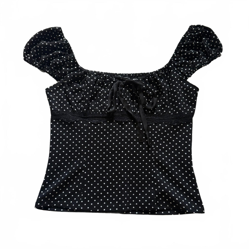 thriftalina Mixed Threads Los Angeles Black Polka Dot Puff Sleeve Top Coquette Girly Trendy