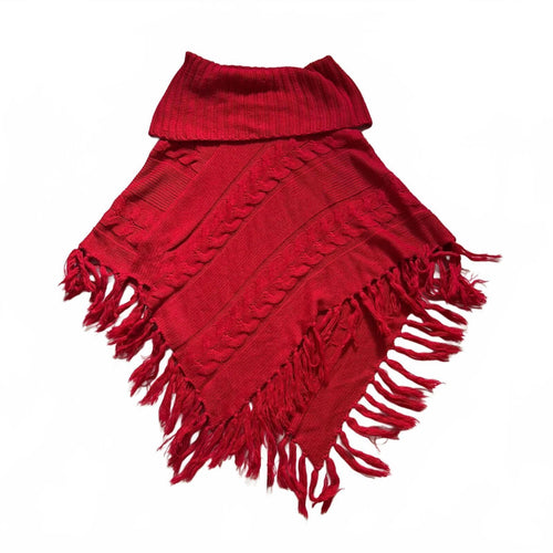 thriftalina Intro Casual Elegance Red Cable Knit Turtleneck Fringe Poncho Practical Magic