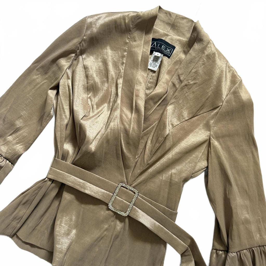 thriftalina Alex Evenings Women's Metallic Gold Belted Peplum Blouse Size Small Rhinestone