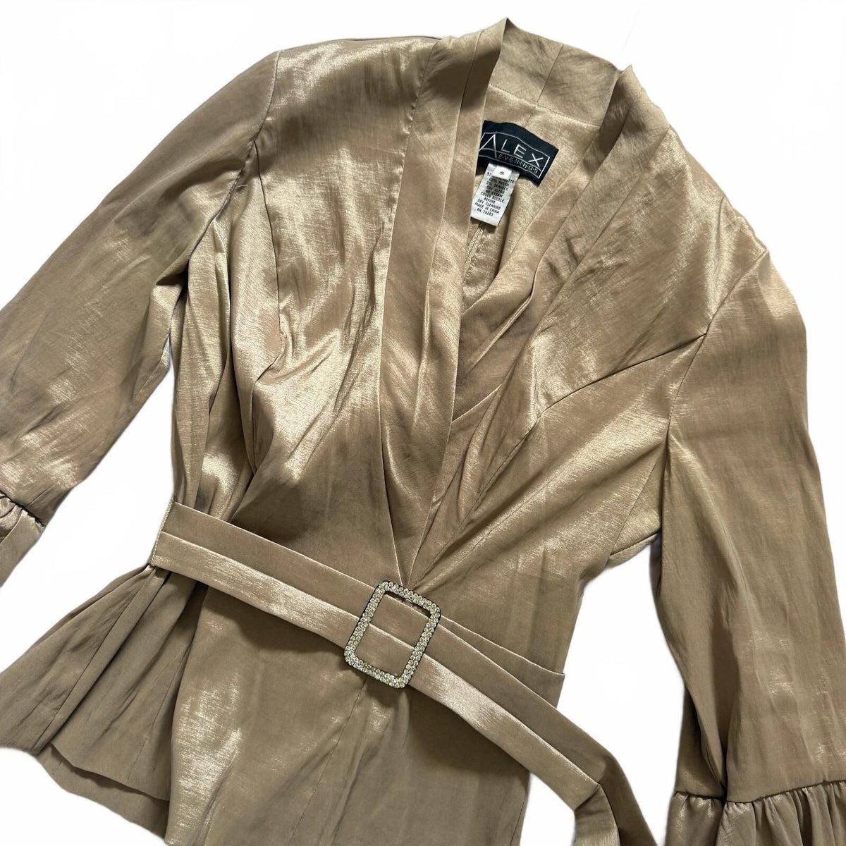 thriftalina Alex Evenings Women's Metallic Gold Belted Peplum Blouse Size Small Rhinestone