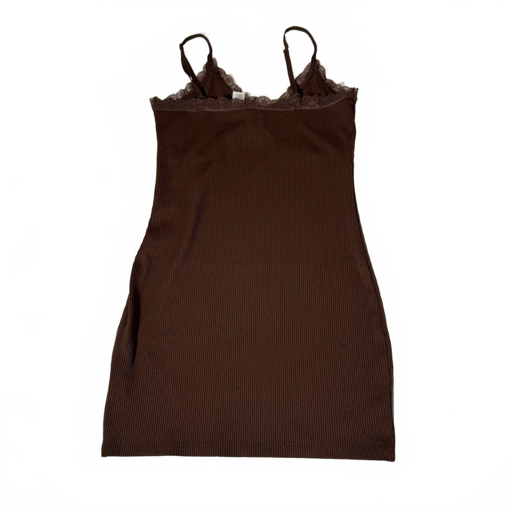 H&M Divided Lace Trim Brown Mini Dress Coquette Girly Feminine Ribbed Bodycon
