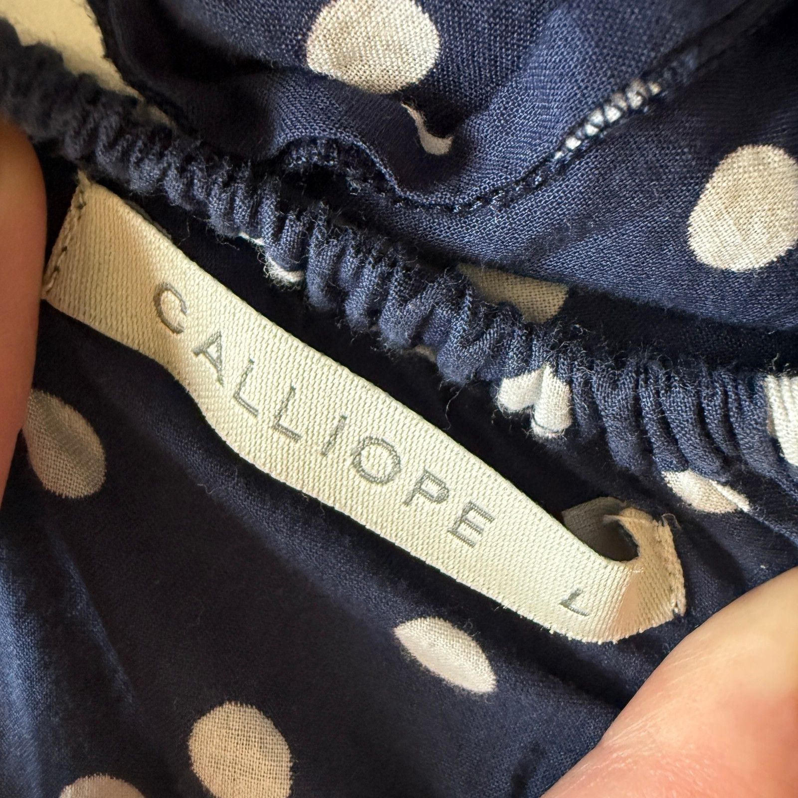 Calliope Navy Blue Polka Dot Strapless Smocked Top with Back Tie, Size Large