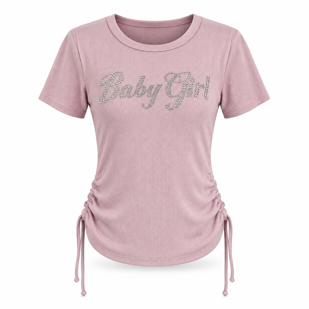 Starlet pink Baby Girl rhinestone ribbed tee front view