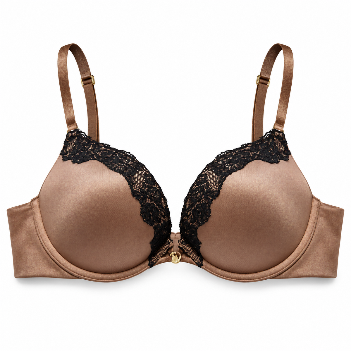 Victoria's Secret nude Bombshell push-up bra with black lace front view