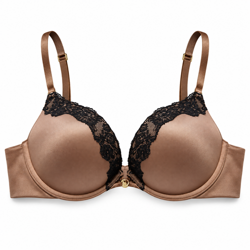 Victoria's Secret nude Bombshell push-up bra with black lace front view