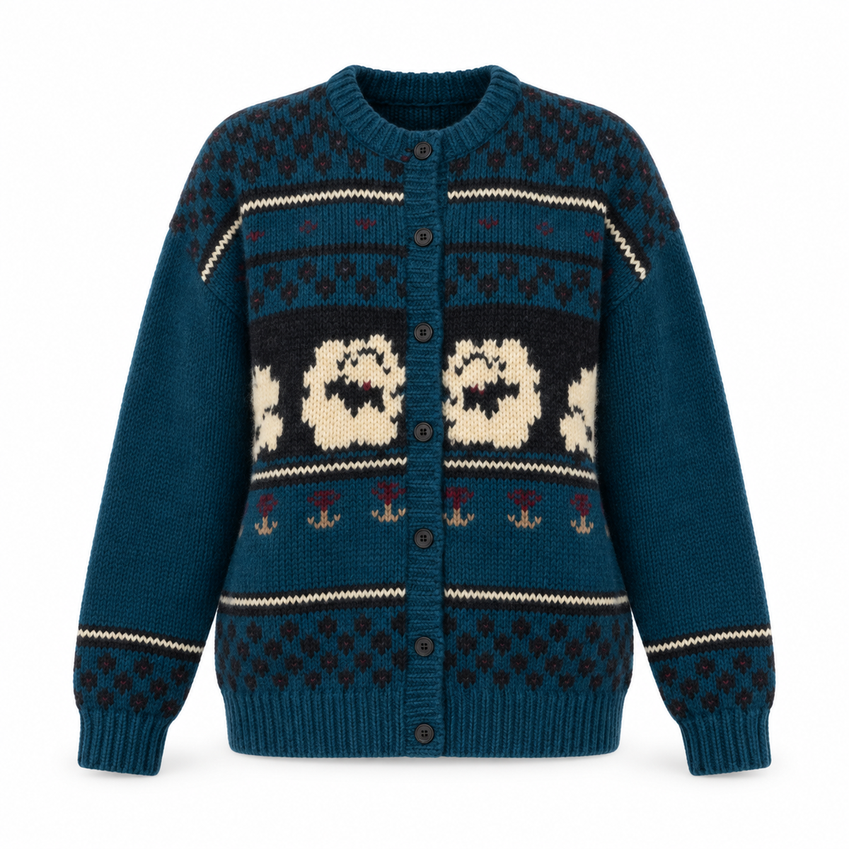 Vintage Woolrich blue wool sheep cardigan front view